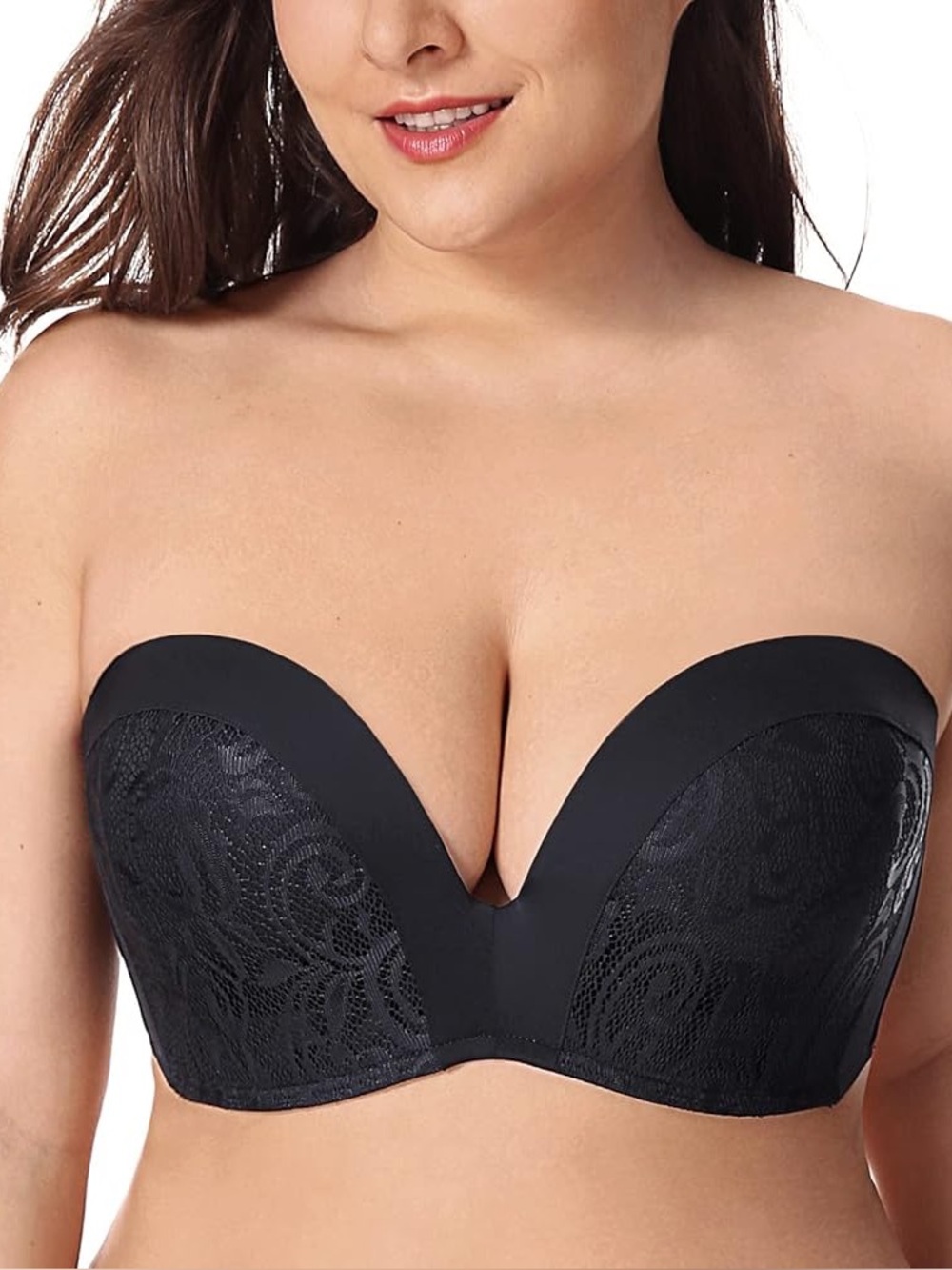 DELIMIRA Strapless Lace Push-Up Bandeau Bra in Black